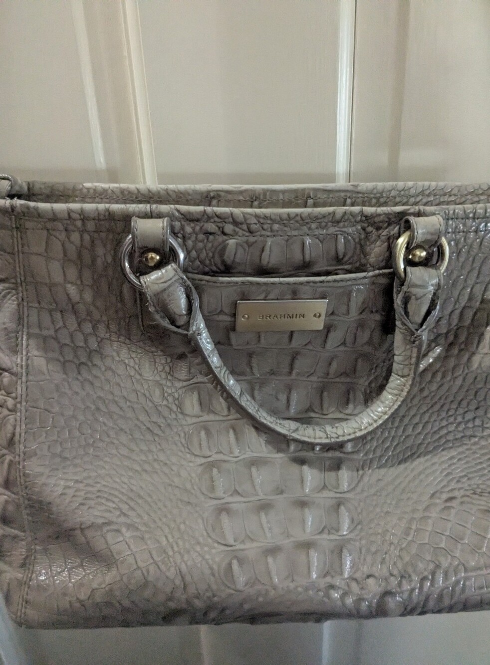 Brahmin Beige Croc-Embossed Satchel with Silver Hardware